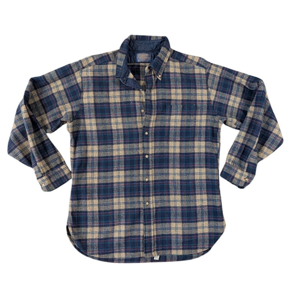 Pendleton Wool Flannel Shirt Mens Large Blue Tan Plaid Button Down Vintage USA
